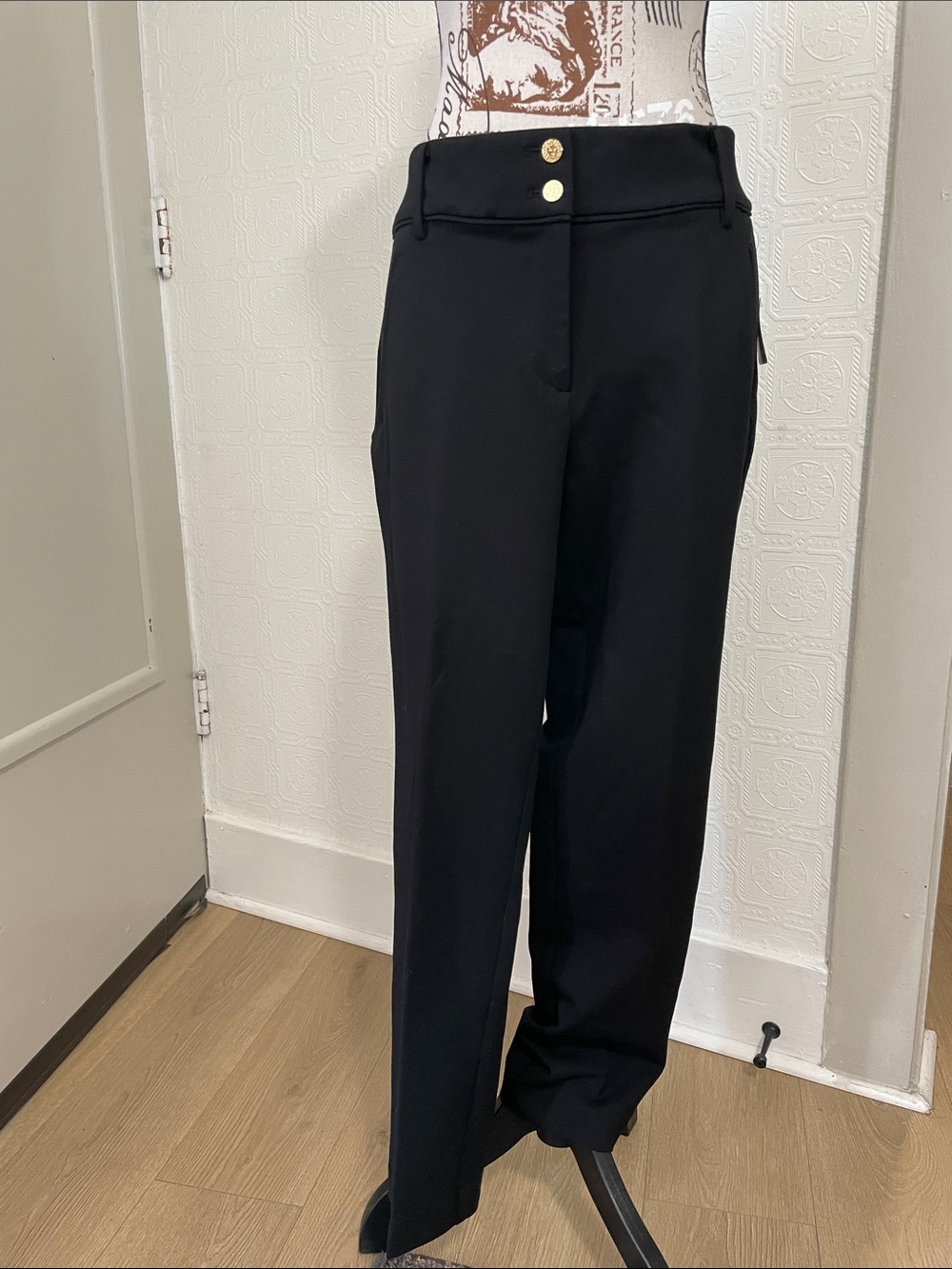 Anne Klein Black Wide-Leg Trousers with Gold Buttons